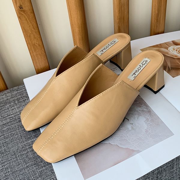 

women's slippers square toe slip on high heels pumps fashion ladies outdoor casual slippers dress pumps women shoes slides woman, Black