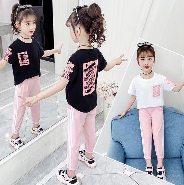 

children suits teen girls summer 2pcs sets print cotton t shirt+loose pants big girl set wholesale, White