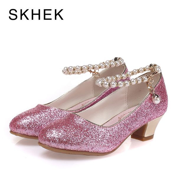 

skhek kids high heel shoes for girls party shoe beaded lace wedding children shoes leather princess shoe red white size 28-36, Black;red
