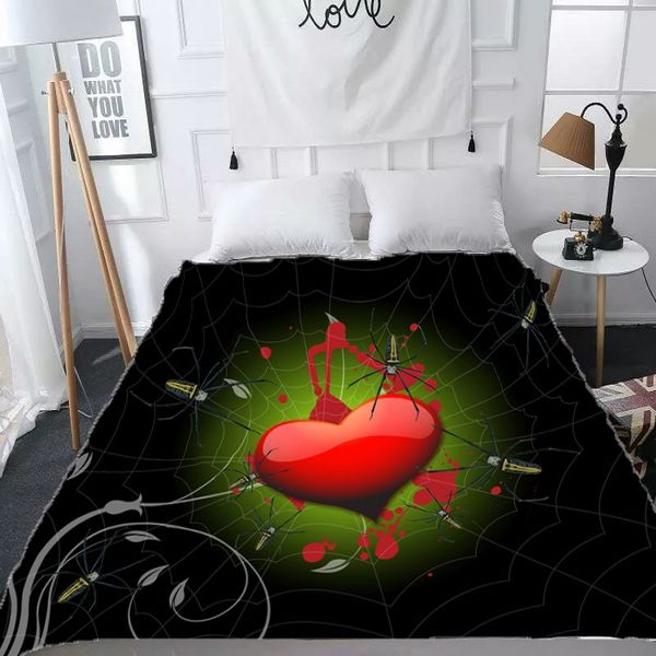 

black spider and red heart pattern home sofa blanket, bed quilt and outdoor travel blanket designed for children, teenager