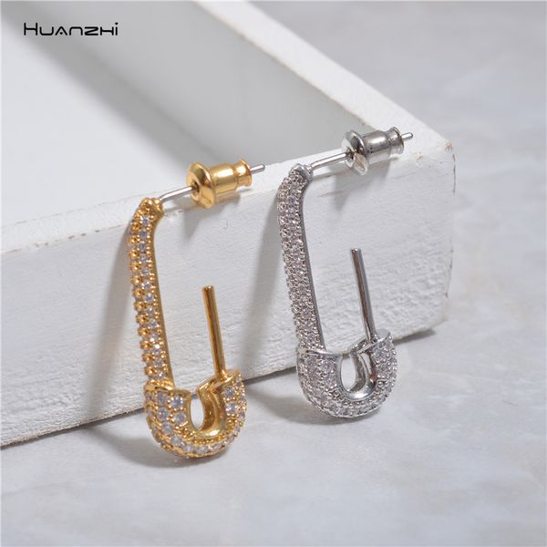 

huanzhi 2019 new trendy punk simple geometric imitation brooch rhinestone metal earrings for woman girl party jewelry, Silver