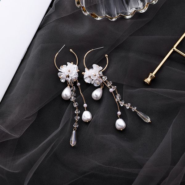 

south korea new style baroque pearl crystal flower tassel earring mori series sweet shell flower ear ring ear rings women's, Silver