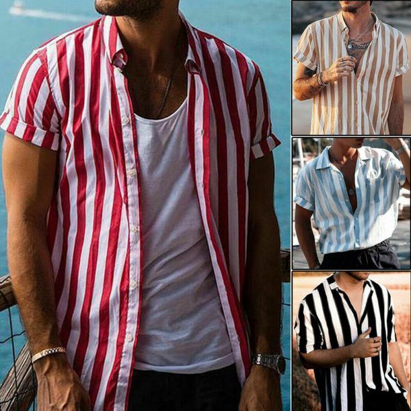 

2019 men's short sleeve v-neck striped button up shirt summer casual blouse tee, White;black