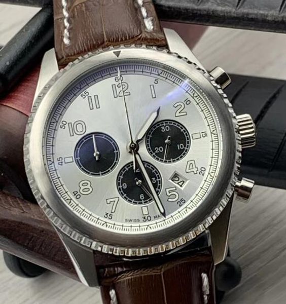 

aviator 8 мужские часы хронограф кварцевый хронометр белый циферблат джентльмены наручные часы с люминесцентными стрелками и арабскими цифра, Slivery;brown