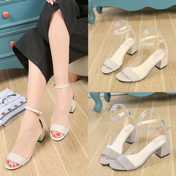 

2020 new summer korean sandals women's fashion wild mid-heel with thick harajuku style high-heeled buckle women's shoes, Black