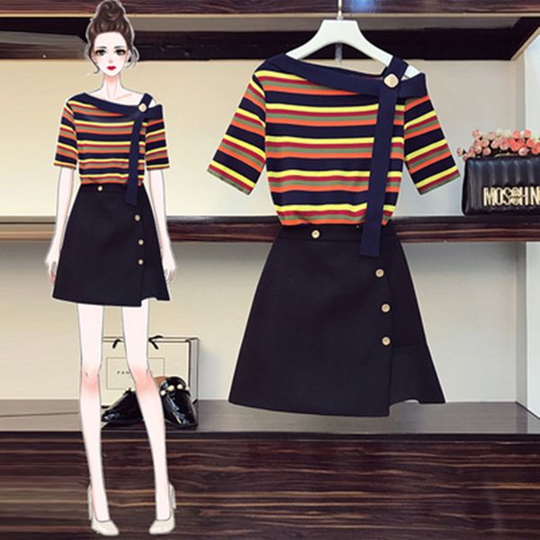 

elegant ladies casual suit 2020 summer new slash neck chic metal buttons deco knitted and skirt 2 piece set, White