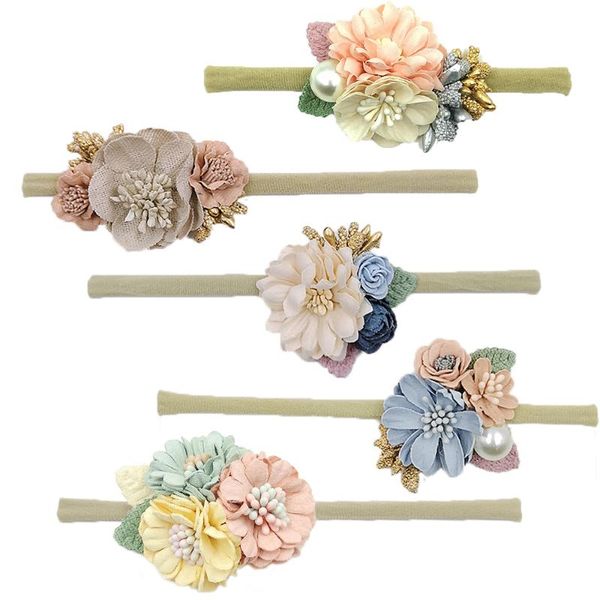

20pcs/lot newborn colorful flowers headband nylon faux flower baby kid headdress toddler headbands pgraphy hair accessories, Slivery;white