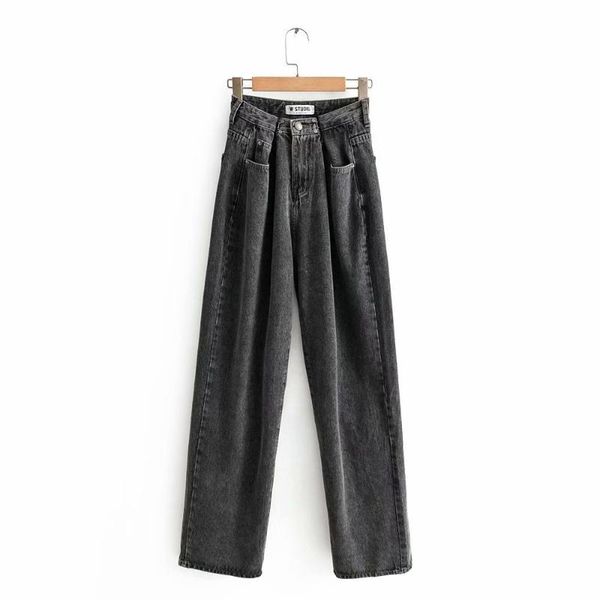 

2020 new women fashion washed double buckle mopping wide leg dad jeans trousers trousers women pants, Blue