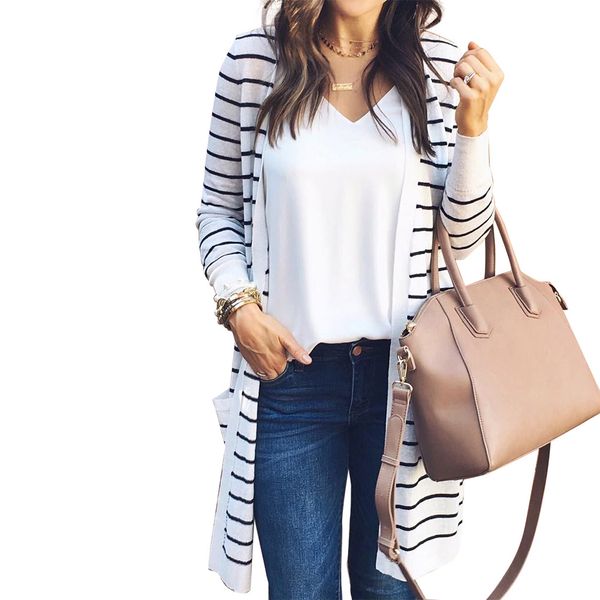

newly women preppy style cardigans cotton o-neck coat fashion long sleeves striped lightweight no cap loose sweaters coat do99, Black;brown