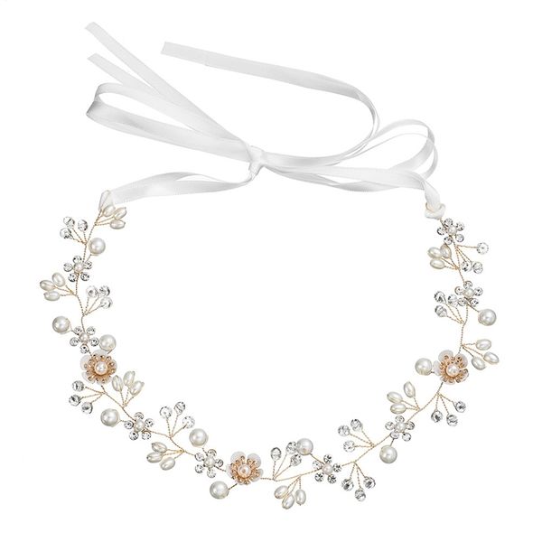 

hand-woven romantic pearl crystal peach flower headband wedding hair band personalized hair with bridal tiara women's headwear, Golden;white