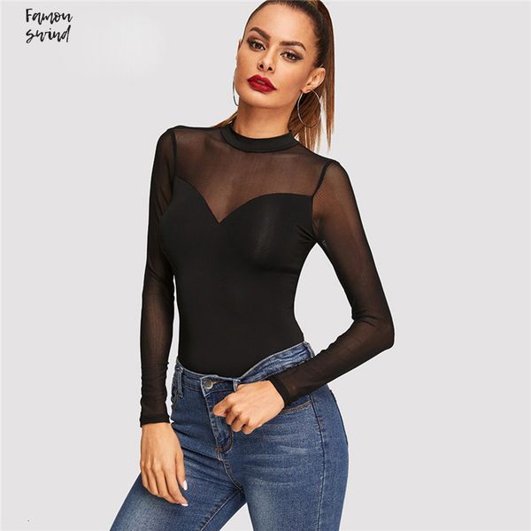 

черный tee tshirt офис lady workwear solid mesh sheer с длинным рукавом элегантная тощий осень повседневная женщины и top, White