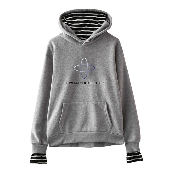

kpop txt tomorrow x together group logo yeonjun fake two pieces hoodies sweatshirt fashion outwear sweatshirt plus size, Black