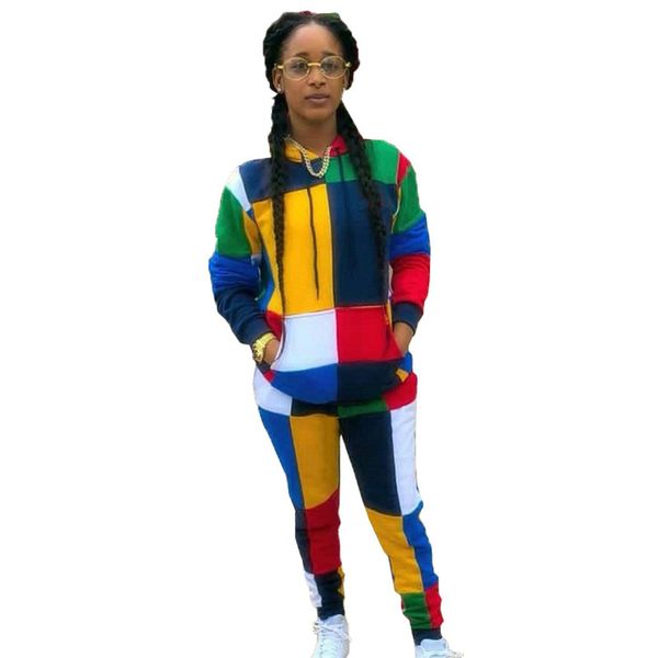 

woman contrast color 2 piece set pockets hoodies sweatshirts and pants casual tracksuit long sleeve color block suit, White