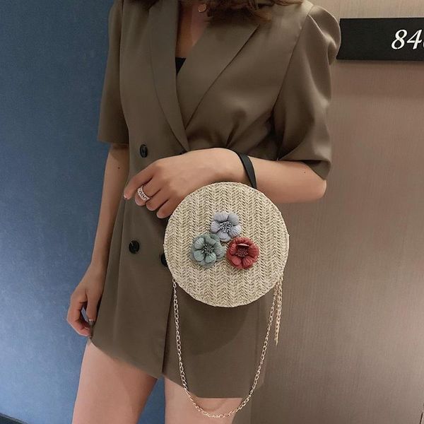 

flower decor shoulder casual bag handmade woven round chain women bags