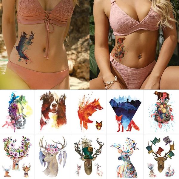 

temporary tattoo stickers deer waterproof tattoos flower elk watercolor fake tattoo bear animal body tattoos for women