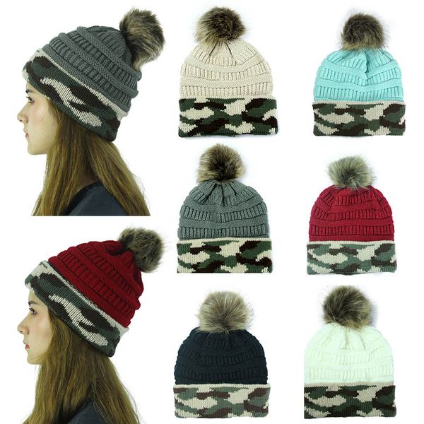 

women lady knitted cap cc skullies hat camouflage hem cap autumn winter warm fashion hat heavy hair ball caps