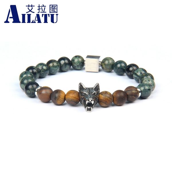 

ailatu new stainless steel wolf & skull beaded bracelets with 8mm natural stone beads men's gift, Golden;silver
