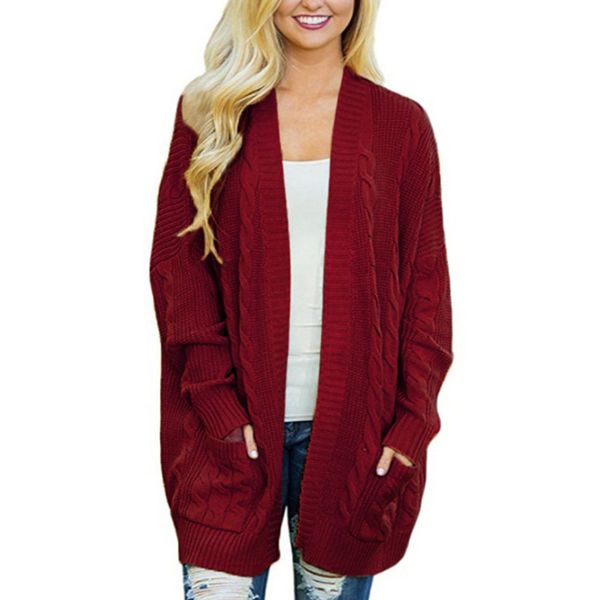 

warm women elegant winter cardigan round color slim solid color big pocket cardigan women long-sleeved coat, White