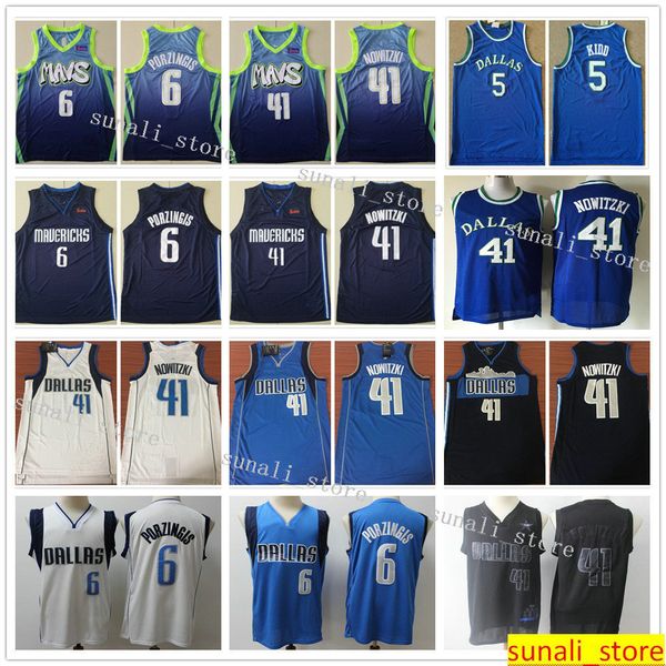 

sewed mens jason kidd 5 dirk nowitzki 41 kristaps porzingis 6 jerseys basketball 2020 new navy blue white black shorts, Black;red