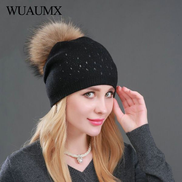 

wuaumx women winter hats real rur pompom double layer wool knitted hat solid beanie pom poms autumn hat for girls female cap, Blue;gray