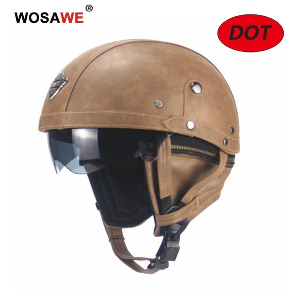 

wosawe motorcycle helmet open face dot approved chopper cruiser german style pu leather retro helmets for men women adult