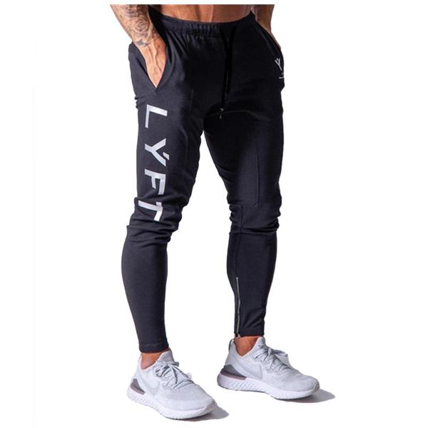 

men's pants muscle brother's sports elastic running training pure cotton slim leggings lace up casual, Black