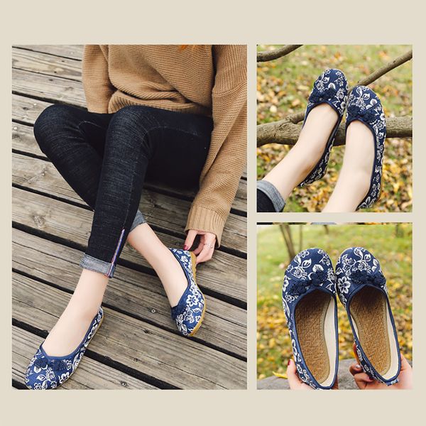 

women vintage flat heeled casual lightweight round head slip on floral outdoor autumn cloth shoes hand embroidered walking, Black