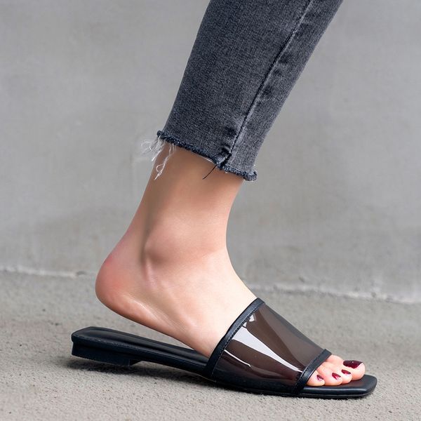 

wetkiss new arrival 2020 new design ladies leather flat slides sandals transparent pvc slippers outdoor summer beach slippers, Black