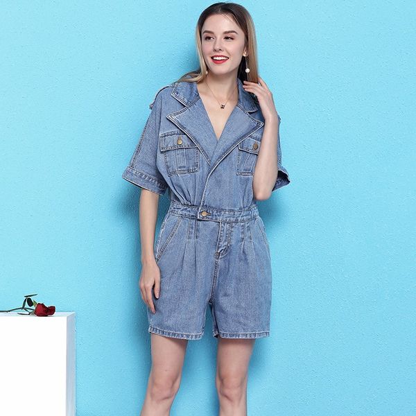 

women's jumpsuits & rompers spring and summer western style suit fashion playsuits elastic waist slim thin denim women shorts nw19b6008, Black;white