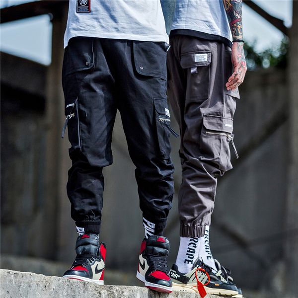 

2019 mens hip hop cargo pants pockets vintage tatical pant men streetwear casual harem pants trousers, Black