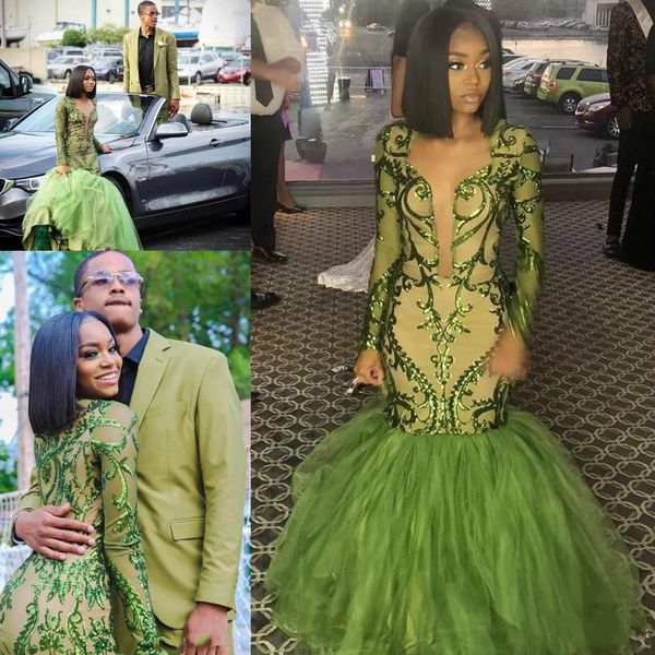 

African Dark Green Mermaid Prom Dresses 2019 Ruched Skirts Appliques Sequined Long Sleeve Plunging V Neck Evening Gowns Reception Dress A45