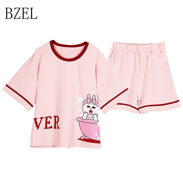 

bzel pink pajamas set women casual lounge set sleepwear short pants short sleeve pyjama femme girls summer homewear big yard xxl, Blue;gray