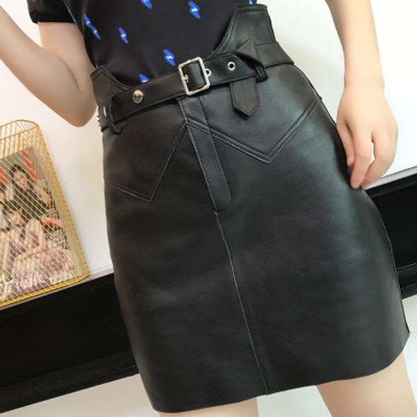 

2020 women spring genuine real sheep leather skirt w27, Black