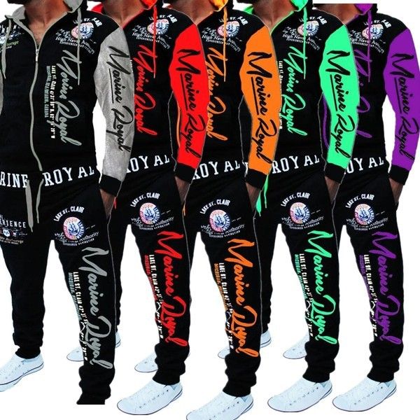 

men designer fashion clothing suits new men's casual suit letter print hit color hooded sweater suit mens hiphop style tracksuits, Gray