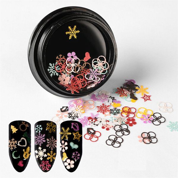 

1 box nail art decorations christmas snowflake snowman star 3d diy sequins designs nail flakes tips glitters slices manicure, Silver;gold