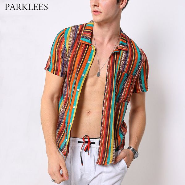 

summer casual men shirts linen colorful stripe shirts men dress fashion retro holiday plus size mens short shirt chemise homme, White;black