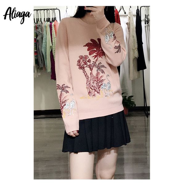 

aliaga autumn winter new high-end 100% pure cashmere embroidery fashion sweater women pink pullovers, White;black