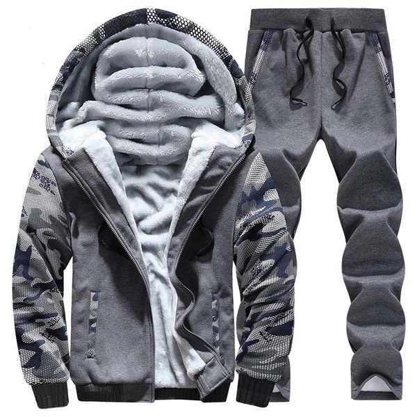 

oloey winter sport suit warm velvet casual men sportwear sets thickening track suits hoodie sweat suit tracksuit set plus size, Gray