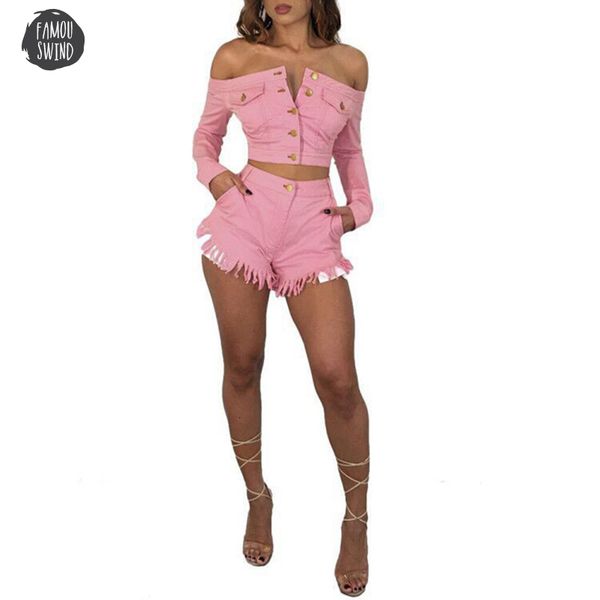 

tassel off shoulder denim 2 set women slash neck long sleeve crop button cotton blend two pcs suit, Gray