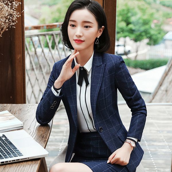 

2 pcs. grid pantsuits for women formal ladies office uniform designs for elegant temperament business blazer with trousers, White;black