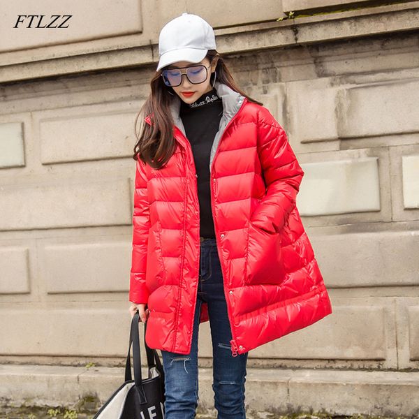 

ftlzz new winter down jacket women loose ultra light white duck down coat parkas female turtleneck pockets thick warm overcoat, Black