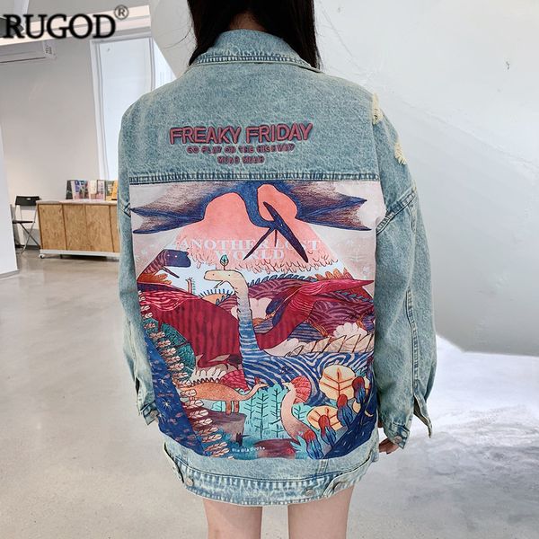 

rugod 2019 new autumn funny cotton print long denim jacket women vintage streetwear punk style jean jacket casaco feminino, Black;brown