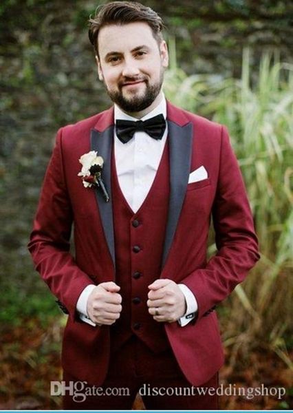 

one button wine groom tuxedos peak lapel men wedding business suit man blazer dinner party suits custom made (jacket+pants+vest+tie) j809, Black;gray