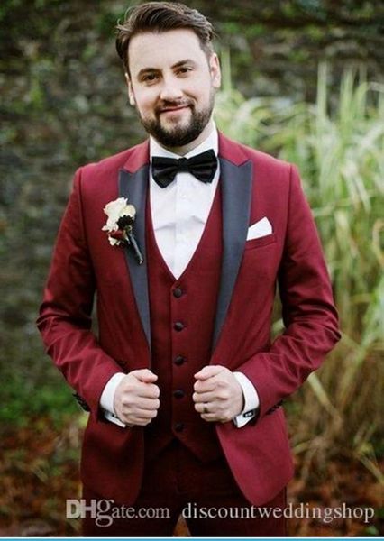 Dinner Party Blazer Man One Button Wine Noivo Smoking Peak Negócios lapela Men Wedding Suit Ternos Custom Made (+ Calças + Vest + Tie Jacket) J809