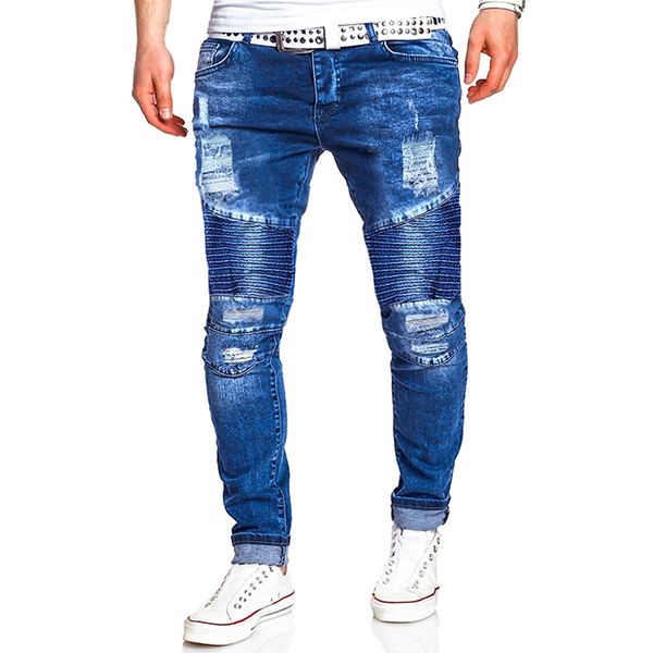 

casual pants men fashionable men's blue frayed denim trousers