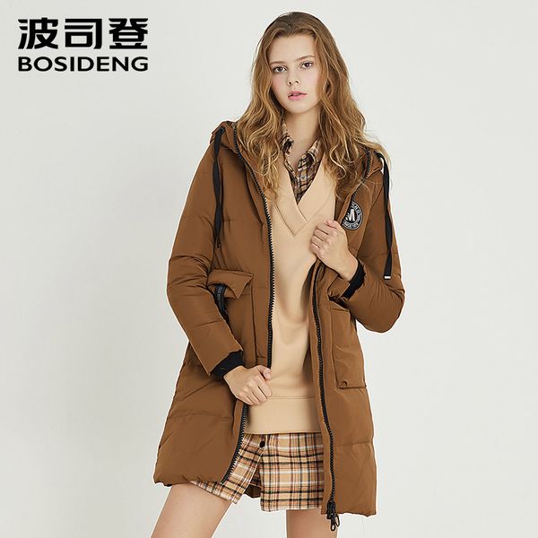 

bosideng women's loose casual fashion hooded big pocket labeling down jacket warm long winter down parka b70141120, Black
