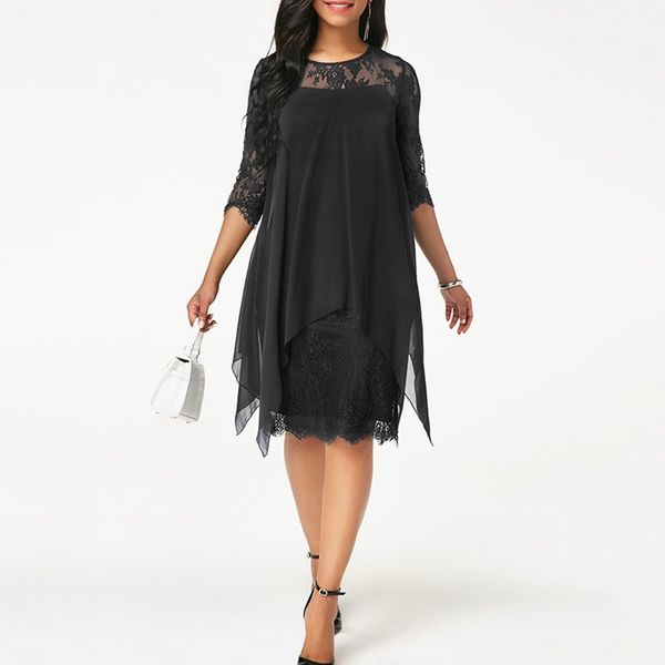 

plus size chiffon dresses women new fashion chiffon overlay three quarter sleeve stitching irregular hem lace dress, Black;gray