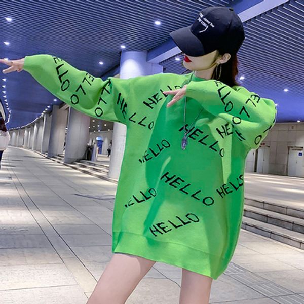 

letter knitted long sleeve simple o-neck loose sweaters women casual autumn winter knit female parka fashion, White;black
