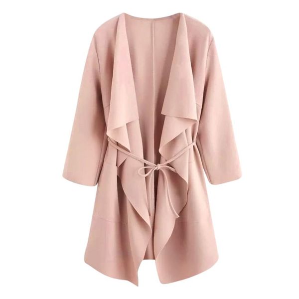 

#4 dropship 2018 new fashion women casual waterfall collar pocket front wrap coat jacket outwear hip, Tan;black