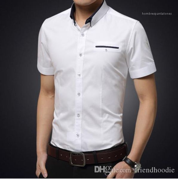 

down collar mens casual shirts short sleeve skinny teenager fashion male summer clothing pure colour turn, White;black